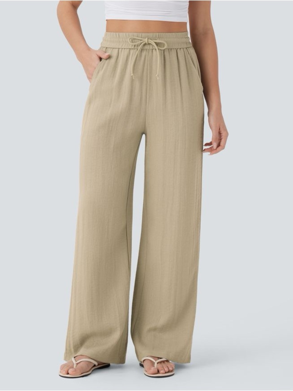 NWT HALARA High Waisted Drawstring Pocket Wide Leg Baggy Casual Linen-Feel Pants